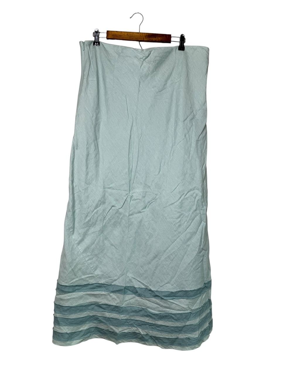 Boden 100% Linen Blue Green Teal Maxi Skirt Tiered Stripes Modest Minimalist - Picture 7 of 9